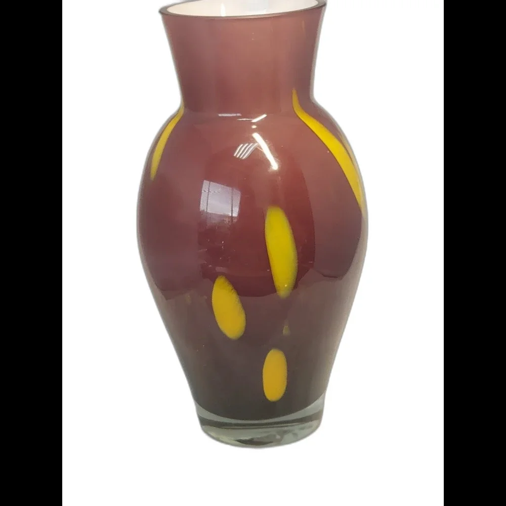 HEAVY  AMETHYST PURPLE YELLOW DESIGN ART GLASS VASE 9 1/4